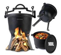 ZILNER Chaudron en fonte 10 l - Chaudron à goulasch d'extérieur avec trépied, couvercle à visser et pieds - Cocotte pour feu de camp, barbecue et camping - Chaudron de sorcière (noir, 10 l)