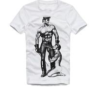 ZILV HAIT Gay Lovers T-T-Shirts à Manches Courtes Tom of Finland Lads Master Servant BDSM Leather Fetish White(XX-Large)