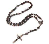ZILZUFA Collier Chapelet Croix Catholique, Perles de Prière en Bois Naturel avec Croix Médaille Jésus Christ Saint Benoît, pour Chrétiens Catholiques Communion Religieuse, Baptême, Messe, Bible