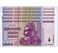 Zimbabwe 500 Million Dollars x 5 Notes 2008 UNC, World Inflation Record, Currency banknotes