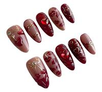 Zimocepuz French Ongles Press On en Amande Taille Moyenne, 30 Ongles Press On 3D Papillon d'Amour Bordeaux, Pour Femme Usage Quotidien, Naturel Réutilisable