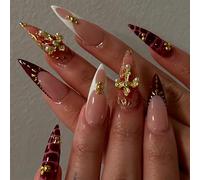 Zimocepuz French Ongles pressés en amande de taille moyenne,24 Ongles pressés en croix dorée 3D bordeaux,Tenue quotidienne pour femmes,Naturel Réutilisable