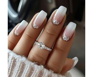 Zimocepuz Press On Nails, Ongles à Presser Courts Carrés Poudre de Jade Poudre d'Argent Sommet de Montagne, Faux Ongles Brillants