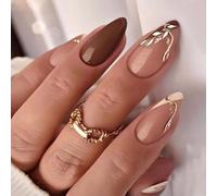 Zimocepuz Press On Nails, Ongles Pressés Amande Français Bruns, Faux Ongles Réutilisables avec Design Feuille, Kit de 24 Pièces