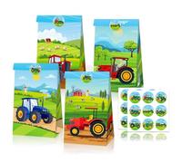 Zimoer 12 Pièces Sacs Cadeaux Tracteurs, Sac Papier Cadeau avec 18 Autocollants, Sac Papier Kraft, Tracteur Sac Papier de Bonbon, Pochette Cadeau, Sacs Anniversaire pour Emballer Desserts et Cadeaux