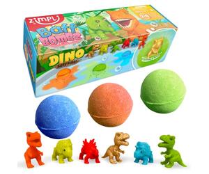 ZIMPLI Lot de 3 Grandes Bombes de Bain Dino Surprise, 1 des 6 Jouets Dinosaures à Collectionner, Un par Baff Bomb, Bombes de Bain Pétillantes pour Anniversaire