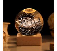 Zimuty Boule de cristal 3D, modèle de planètes 3D avec base LED en bois, lampe du système solaire de la galaxie spatiale, ornement décoratif pour la maison, cadeaux d'astronomie, veilleuse pour