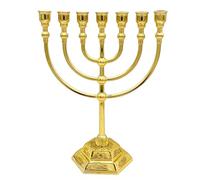 Zinc Alloy 7 Branch Menorah 17x13.5cm Golden Jerusalem Temple Candle Holder Centerpiece for Hanukkah Jewish Holiday Vintage Sacred Relic Home Decor Party Decoration