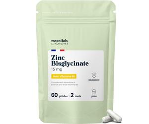 Zinc Bisglycinate + Vitamine B6, Renforce l'Immunité & Combat l’Acné, Assimilation Optimale, Cure de 2 mois, 60 Gélules Végétales, Complément Alimentaire Fabriqué en France, Essentials by Novoma