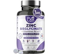 Zinc Bisglycinate + Vitamines B6 et C - Haute Absorption - Immunité, Antioxydant, Peau - Sans Lactose, Sans Gluten - Fabriqué en France - Cure 1 An, 365 Comprimés - Pure Lab Nutrition®