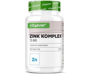 ZINC COMPLEXE 15 mg con 400 Compresse - Zinco Bisglicinato, Gluconato e Citrato 3 in 1 - Scorta a Lungo Termine, Alto Dosaggio, Vegano - vit4ever