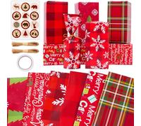 Zindoo Papier Cadeau Noel Papier Cadeau Rouge avec Autocollants et Ficelle Original Impression Claire Épaisse Résistante DIY pour Noël, Nouvel An, Fête