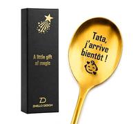 Zinello Design Annonce Grossesse Tata, Cuillère à Café Dorée Gravée « Tata, j’arrive bientôt ! », Cadeau Future Tata, Coffret Cadeau avec Carte, Marque Française