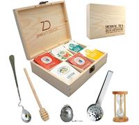 Zinello Design Boîte Rangement Thé Tisane Bois avec Accessoires | 80 Sachets 6 Compartiments Hermétiques | Coffret Cadeau Infuseur Cuillère Sablier 23x17cm
