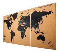 Zinello Design - Carte du Monde en Liège - Tableau Décoration Murale 60x30 cm - 3 Panneaux Autocollants - Punaises Colorées Incluses - Poster Écologique Voyage à Personnaliser