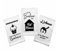Zinello Design Lot 3 Torchons Cuisine Messages Inspirants 100% Coton - Citations Bonheur Amour Gourmandise - Essuie Main 50x70cm - Cadeau Crémaillère Noël Fête Mères