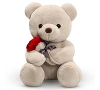 zingking Ours en peluche avec rose 35 cm, ours en peluche jouet cadeaux pour enfants filles maman pour anniversaire, Saint Valentin, marron