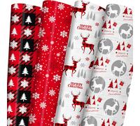 ZINTBIAL Lot de 6 feuilles de papier cadeau de Noël Jumbo - Scène de vacances d'hiver - Motifs à carreaux rouges, rennes, flocons de neige et ours de buffle - 71,1 x 101,6 cm - Facile à ranger