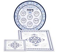 Zion Judaica Ensemble élégant de Plateau de Seder de Pesach Design Renaissance Plateau de Seder 30,5 cm Mélamine sans BPA Soie Housse à Matzah 38,1 cm et Sac Afikomen S'adapte aux Matzos Ronds ou