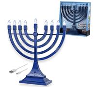 Zion Judaica Menorah électronique Hanoukka Bleu Alimenté par piles ou câble USB de 1,2 m inclus Bougeoir sans flamme Hanoukka Ampoules électriques LED Décoration Chanoukkia