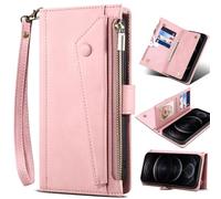 Zipper Case for Samsung Galaxy S25 FE, Leather Wallet Book Stand View Magnetic Protect RFID Blocking Cover with Samsung Galaxy S25 FE-Pink