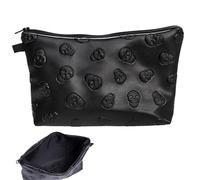 Zipper Makeup Pouch - Black Skull PU Leather Cosmetic Bag, Soft Waterproof