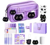 Zipper Pencil Pouch - 5-Layer Large Capacity DIY Aesthetic Organizer | Cute Pencil Pouch | 5-Layer Storage With Sticker Gel Pens Cat Charm | Pen Case Pouch School Supplies Set | For Home Office