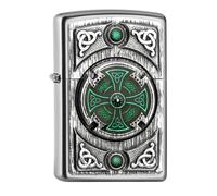 Zippo - Briquet Tempête, Croix Celtique Verte, Chromé (Street Chrome), Emblème, Rechargeable, Réutilisable, Résistant Au Vent, Coffret Cadeau, Fabriqué Aux États-Unis