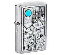 Zippo Briquet de Poche Unisexe avec emblème Loup et Lune, Chrome brossé, Taille Unique