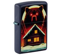 Zippo Briquet tempête Bear and Cabin, ours et cabane, bleu marine mat, image couleur, rechargeable, réutilisable, design coupe-vent, boîte cadeau, fabriqué aux États-Unis