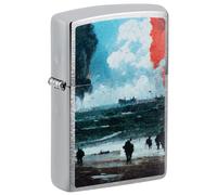 Zippo Briquet tempête - Débarquement du Jour J, Chrome brossé, Image Couleur - Rechargeable - Réutilisable - Design Coupe-Vent - Boîte Cadeau - Fabriqué aux États-Unis