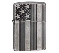 Zippo Briquet tempête - Drapeau américain - Finition argent vieilli (modèle Armor) - Gravure profonde - Rechargeable - Réutilisable - Design coupe-vent - Boîte cadeau - Fabriqué aux États-Unis