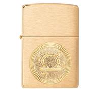 Zippo Briquet Tempête Emblème Balance, Laiton brossé | Le symbole du Balance gravé dans un médaillon de laiton. Pour quelqu'un né entre fin septembre et octobre.