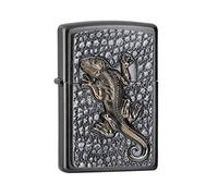 Zippo - Briquet tempête, emblème gecko, gris, rechargeable, réutilisable, design coupe-vent, boîte cadeau, fabriqué aux États-Unis