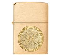 Zippo Briquet Tempête Emblème Poissons, Laiton brossé | Le symbole du Poissons gravé dans un médaillon de laiton. Pour quelqu'un né entre fin février et mars.
