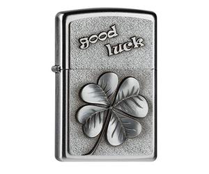 Zippo - Briquet tempête, emblème trèfle avec Inscription Good Luck, Chrome satiné, Rechargeable, réutilisable, Design Coupe-Vent, boîte Cadeau, fabriqué aux États-Unis