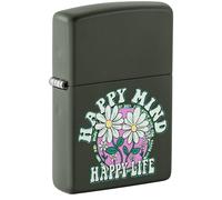 Zippo Briquet Tempête - Happy Mind Happy Life - Finition Verte Mate avec Color Image - Rechargeable - Réutilisable - Design Coupe-Vent - Coffret Cadeau - Fabriqué aux États-Unis