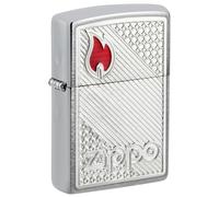 Zippo - Briquet Tempête Logo Rouge Et Motifs À Carreaux, Chrome Brossé, Impression Emblem, Rechargeable, Réutilisable, Coupe-Vent, Coffret Cadeau, Fabriqué Aux États-Unis