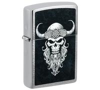Zippo Briquet Tempête - Modèle Crâne de Guerrier Viking, Finition Chrome Brossé - Rechargeable - Réutilisable - Design Coupe-Vent - Coffret Cadeau - Fabriqué aux États-Unis