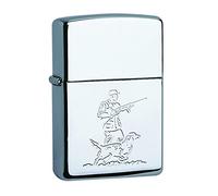 Zippo - Briquet tempête, motif chasseur, gravure durable Lustre, chrome haute brillance, rechargeable, réutilisable, design coupe-vent, boîte cadeau, fabriqué aux États-Unis