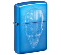 Zippo - Briquet Tempête Motif Crâne Américain, Bleu Poli, Photo Image, Rechargeable, Réutilisable, Coupe-Vent, Coffret Cadeau, Fabriqué Aux États-Unis
