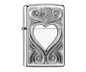 Zippo - Briquet Tempête Motif Cœur Antique, Chrome Poli, Impression Emblem, Rechargeable, Réutilisable, Coupe-vent, Coffret Cadeau, Fabriqué Aux États-Unis