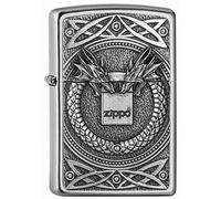 Zippo - Briquet Tempête Motif Dragons Et Zippo, Chrome Satiné, Impression Emblem, Rechargeable, Réutilisable, Coupe-vent, Coffret Cadeau, Fabriqué Aux États-Unis