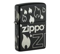 Zippo - Briquet Tempête Motif Flamme Et Logo, Noir Mat Et Chrome, Laser 360°, Rechargeable, Réutilisable, Coupe-Vent, Coffret Cadeau, Fabriqué Aux États-Unis