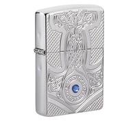 Zippo - Briquet Tempête Motif Médiéval, Chrome Poli, Impression Deep Carve/Crystal Attached, Rechargeable, Réutilisable, Coupe-vent, Coffret Cadeau, Fabriqué Aux États-Unis
