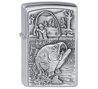 Zippo - Briquet Tempête, Motif Pêche À La Perche, Chrome Brossé, Emblème, Rechargeable, Réutilisable, Résistant Au Vent, Coffret Cadeau, Fabriqué Aux États-Unis
