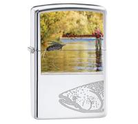 Zippo - Briquet Tempête Motif Pêcheur, Chrome Poli, Impression Color Image/Gravure Automatique, Rechargeable, Réutilisable, Coupe-vent, Coffret Cadeau, Fabriqué Aux États-Unis