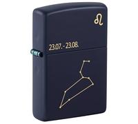 Zippo - Briquet Tempête Motif Signe Du Zodiaque Lion, Bleu Marine Mat, Gravure Laser, Rechargeable, Réutilisable, Coupe-vent, Coffret Cadeau, Fabriqué Aux États-Unis