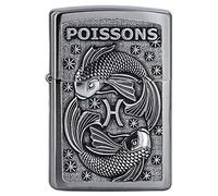 Zippo - Briquet Tempête Motif Signe du Zodiaque Poissons, Chrome Brossé, Impression Emblem, Rechargeable, Réutilisable, Coupe-Vent, Coffret Cadeau, Fabriqué Aux États-Unis
