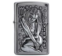 Zippo - Briquet Tempête Motif Signe Du Zodiaque Vierge, Chrome Brossé, Impression Emblem, Rechargeable, Réutilisable, Coupe-vent, Coffret Cadeau, Fabriqué Aux États-Unis